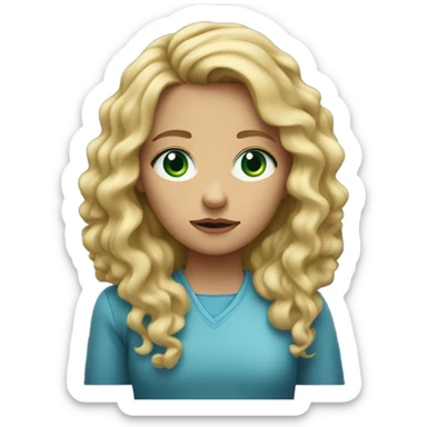 A girl with a very concerned face with long blond curly hair and green blue eyes sticker