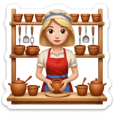 cartoon Apple iOS emoji style woman, pastel colors, Chilean wooden kitchen background, clay pots, warm light, detailed and clean vector art sticker