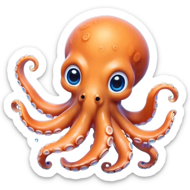Cinematic Cute Octopus Portrait Emoji, Head tilted playfully and inquisitively, featuring a rounded, light orange body embellished with playful blue rings, eight adorably curling arms, and big, twinkling eyes full of wonder, Simplified yet irresistibly adorable features, highly detailed, glowing with a warm, inviting underwater glow, high shine, affectionate and lively, stylized with a touch of whimsical cartoon charm, soft glowing outline, capturing the essence of a mischievous yet loving octopus that seems as if it could bob out of the screen into your arms! sticker