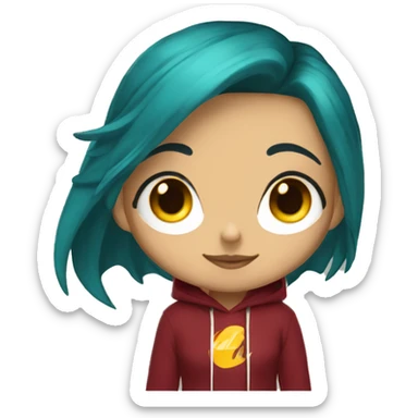 Lady with brunette and blue hair, gold, green dragon wings, maroon hoodie, black and gold Nike t shirt, and bright red eyes sticker