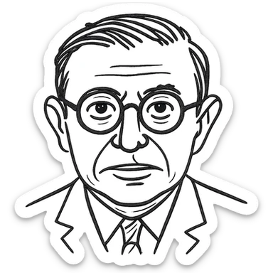 a hand drawn black outline portrait of Jean-Paul Sartre with similar-sized eyes based a famous portrait of him sticker