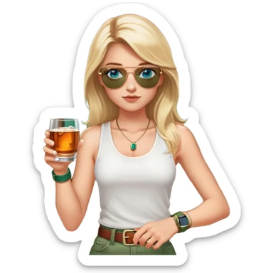 girl with long blond hair
with blue eyes
and aviator sunglasses
wearing white tank top 
holding a glass of whiskey 
wearing (rose gold apple watch with forest green band) sticker