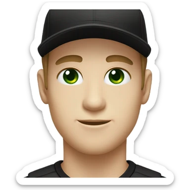 Green eyes white skin male wearing a black t-shirt & black baseball cap  sticker