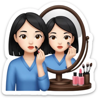 A chinese girl is prettying herself in front of mioor sticker