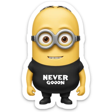 A buff minion wearing a black t shirt top with the words “never GOON” on the shirts chest area sticker