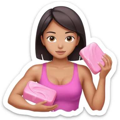 sexy and muscled tanned asian girl, washing room with pink soap sticker