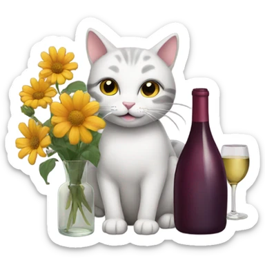 Cat with flowers and a wine bottle sticker