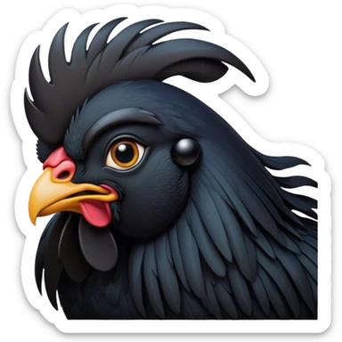 Cinematic Noble Black Rooster Portrait Emoji, Poised and regal, with a robust, commanding build and a sleek, well-groomed pure black plumage, deep-set soulful piercing eyes, Simplified yet sharp and sophisticated features, highly detailed, glowing with a soft, dignified glow, high shine, intelligent and proud, stylized with an air of mysterious majesty, focused and attentive, soft glowing outline, capturing the essence of a watchful and confident leader, so majestic it feels as though it could crow out of the screen with effortless authority! sticker