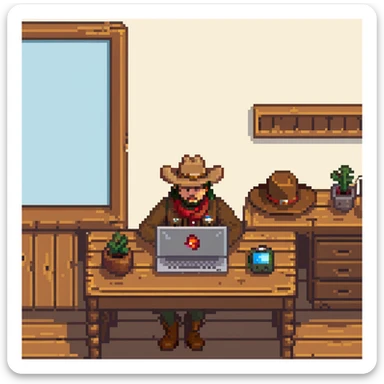 Frontier explorer with cowboy hat using a laptop on a wooden desk sticker
