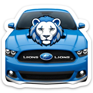 Detroit Lions themed Ford car emoji, blue and silver colors, roaring lion emblem on the hood, sporty and bold style sticker
