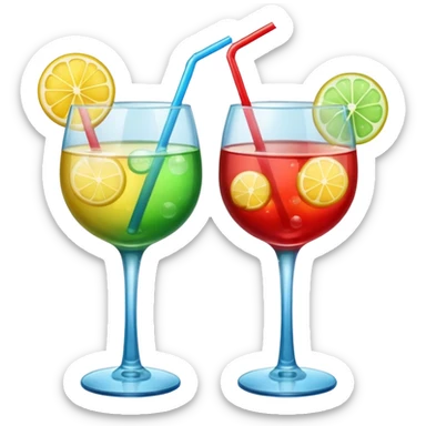 Create an emoji of two cocktails cheers action, one glass of green and yellow color and one glass of blue and red, without any fruit, make a toast asction sticker