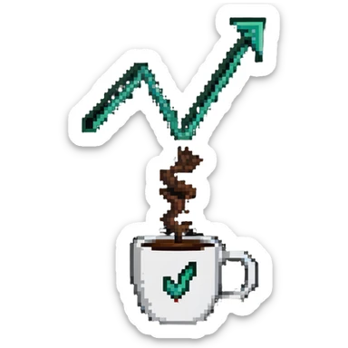 a cup of coffee with a rising stock market arrow sticker