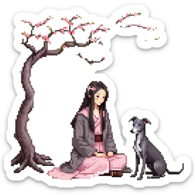 A young Chinese girl with long black hair and a pure dark grey Italian Greyhound with absolutely NO white markings anywhere on its body sitting under a cherry blossom tree. The dog must be completely solid dark grey with no white on muzzle, paws, or chest. sticker