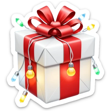 red and white christmas present with Christmas lights sticker