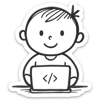 minimalist child programmer, lines and dots, sitting at laptop sticker