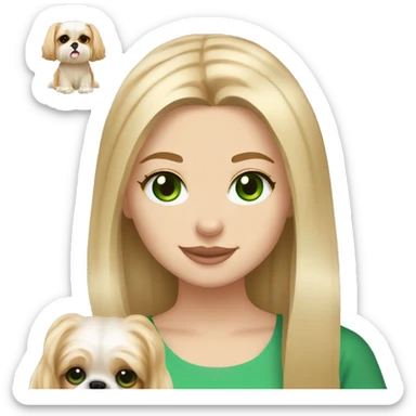 Girl with long blonde hair, freckles on her cheeks, and bright green eyes holding an all beige shih tzu dog  sticker