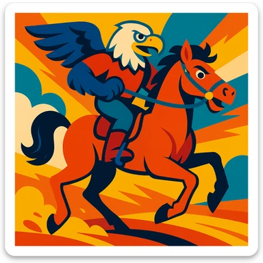 an eagle riding a stallion, vibrant and dynamic illustration sticker