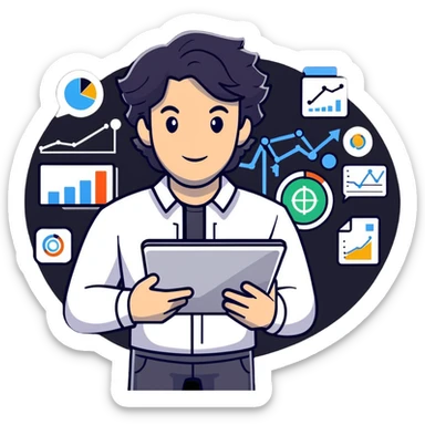 Management educator with black wavy hair, stubble, strong features, white skin, smart casual attire, using tablet with digital analytics dashboard, surrounded by technology icons, innovation-focused pose sticker