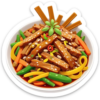 Yuxiang shredded pork Sichuan dish with colorful vegetables, simplified emoji style with bold outlines and bright colors, cartoon style sweet and sour pork strips sticker