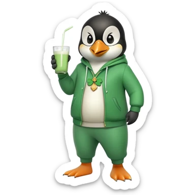 full body friendly anthropomorphised penguin wearing green mafia-style tracksuit, angry intense brooding posture, holding glass of milk, shamrock accessory sticker