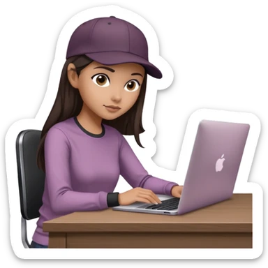 A professional 3D avatar of a young woman with olive skin and long, dark brown hair, wearing a dark, long-sleeved mauve taupe shirt and a black baseball cap. She's sitting at a sleek wooden desk, typing and looking at a silver MacBook.  sticker