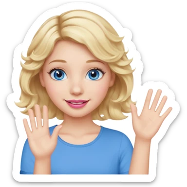 Girl Blonde short wavy hair,  blue eyes, cute blue top, long lashes, pink lips, waving hello  sticker