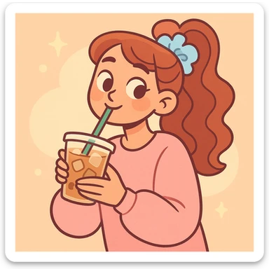 girly pop pinterest vibe, iced coffee, scrunchie, cozy, soft lighting sticker