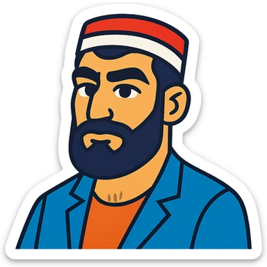 A Tajik man with masculine features, expressive eyes, thick eyebrows, dark hair, light-olive skin, and a larger, neatly kept beard sticker