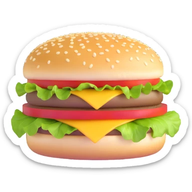 cheeseburger with sesame seed bun, lettuce, tomato, cheese, and patty sticker