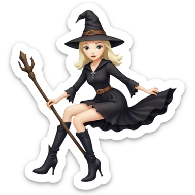 Tall thin witch on a broomstick wearing very high heeled boots sticker