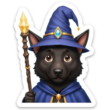 all black german shepherd face wearing a wizard hat and staff and magic emmiting from him sticker