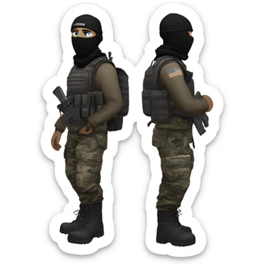 White male, call of duty black mask, camo tactical gear, combat boots, black beanie, blue eyes sticker