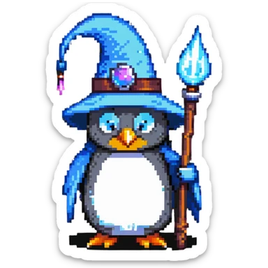 penguin wizard with a pointy hat and magic staff sticker