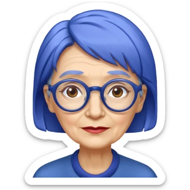 old lady with cobalt hair, wearing glasses, long face sticker