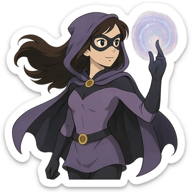 ghibli style superhero woman with soft purple and black costume, magical aura around her hand sticker