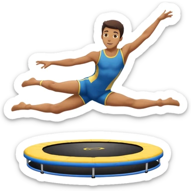 An athletic person soaring high above a trampoline, executing an acrobatic flip with perfect form. The scene captures motion and energy, with a dynamic pose, stretched limbs, and a focused expression. The background suggests a professional trampoline arena with safety padding. sticker