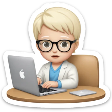 baby white skin bull in fancy glasses sitting in front of a macbook, working  sticker