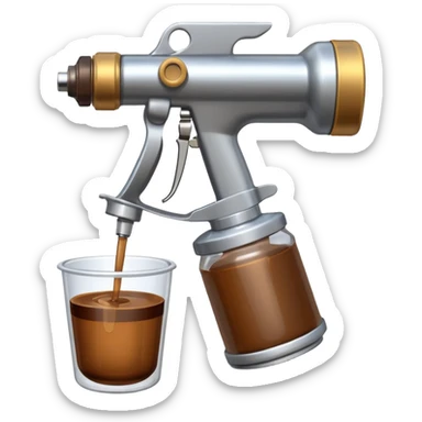 metal spray gun with clear sealed cup with brown liquid attached sticker