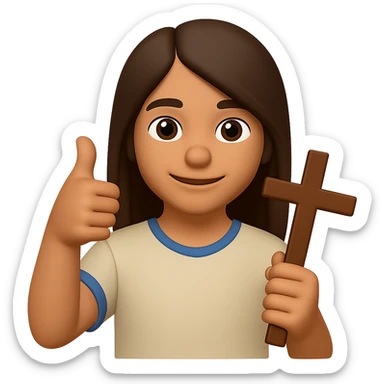 Make the person a boy with long brown hair, holding a cross and giving a thumbs up, in a clean modern emoji style with no background. sticker