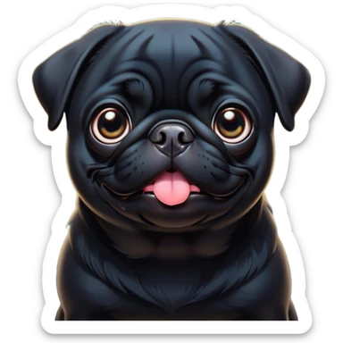Cinematic Comical Black Pug Portrait Emoji, Head tilted dramatically with an exaggeratedly amused expression, featuring a sleek black coat with a glossy finish, wide, expressive dark eyes filled with playful disbelief, Simplified yet hilariously expressive features, highly detailed, glowing with a slightly sassy glow, high shine, dramatic yet playful, stylized with an air of cheeky mischief, bright and endearing, soft glowing outline, capturing the essence of a spirited and over-the-top companion, so meme-worthy it feels like it could side-eye its way into internet fame instantly! sticker