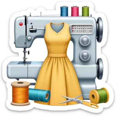 Sewing icon, measuring tape, pins, scissors, and a dress in progress, sewing machine with thread, visible needle, spools of thread, fabric pieces cut according to patterns, minimalistic style, clean lines, transparent background. sticker