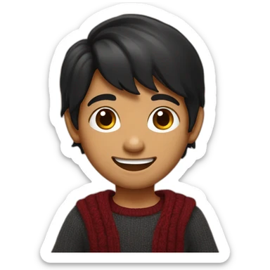 smiling and pointing north indian kid with black hair wearing a dark red sweater sticker