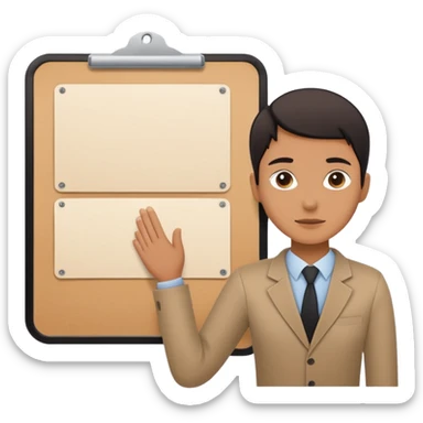 Minimalistic flat vector icon, iOS style, thin black contour on white background. Person silhouette with a project board (kanban/task board) behind. No text, no shadows.
 sticker