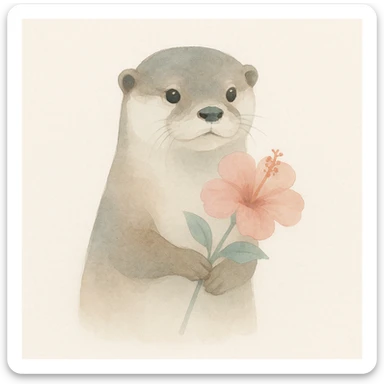a realistic otter with a pink hibiscus, watercolor art style sticker