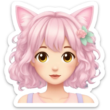 Gorgeous pastel anime girl with blushing face and hair garnitures and pretty hair and cat ears aesthetic trending style sticker
