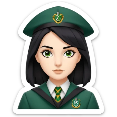 genevieve gaunt is Pansy Parkinson in harry potter, wear hogwarts slytherin uniform, black hair, not wearing hat sticker