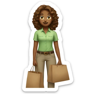 A girl in a light green shirt and pants, in her hands a brown bag sticker
