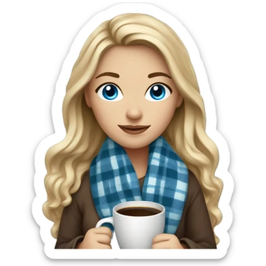 Dark blonde hair woman with blue eyes cozy plaid blanket with coffee sticker