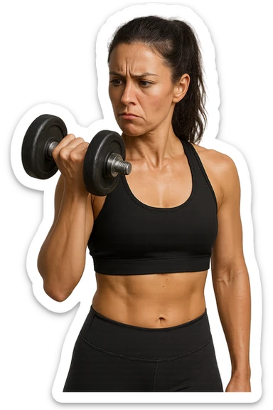 DONNA FITNESS CHE GUARDA DUBBIOSA UN MANUBRIO DA PALESTRA CHE HA IN MANO, iperrealistico 4k sticker