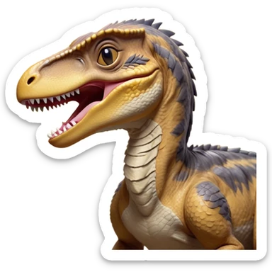 Cinematic Cute Yawning jurassic park Velociraptor Portrait Emoji, Head tilted slightly with a dramatic, wide-open yawn, showcasing a lean, powerful body with a relaxed snout and sleepy, half-closed eyes that hint at both ferocity and fatigue, Simplified yet irresistibly cute features, highly detailed, glowing with a soft, cozy prehistoric glow, high shine, relaxed yet expressive, stylized with a hint of whimsical ancient ease, soft glowing outline, capturing the essence of a drowsy yet endearing jurassic park Velociraptor that appears ready to stretch and yawn its way out of the screen! sticker